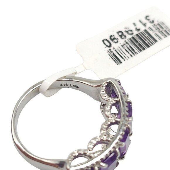 Purple Amethyst Filigree Panel Ring Silver Plated Size 6 Signed SB - Picture 7 of 7